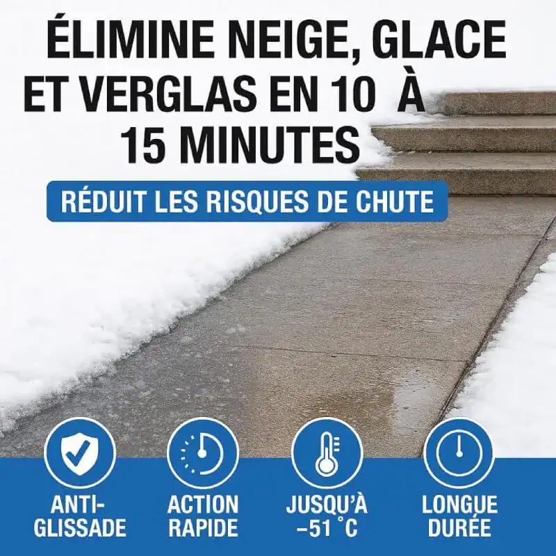 - Nettoyage rapide de la neige, glace et verglas en 10 à 15 minutes pour prévenir les risques de chute.