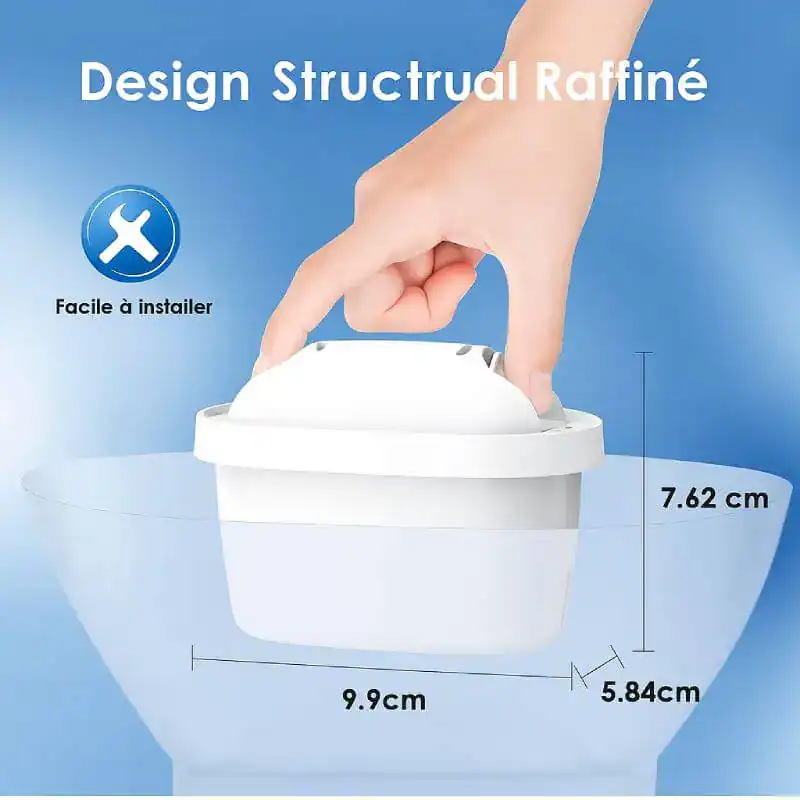 dimensions-filtre-Brita - Boutique Diproclean Contenant de nettoyage compact et facile à installer, dimensions 9,9 cm x 7,62 cm x 5,84 cm, design structuré raffiné pour une utilisation pratique et efficace.