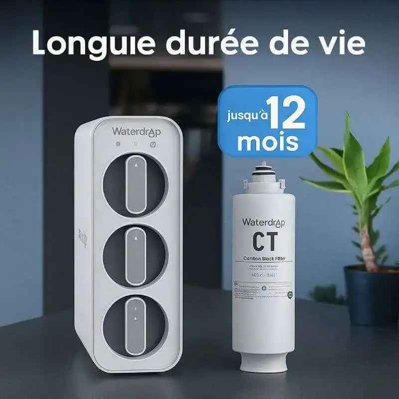 Filtre d'eau Waterdrop pour filtration longue durée, jusqu'à 12 mois, compatible avec système de filtration d'eau, idéal pour eau potable saine et propre.