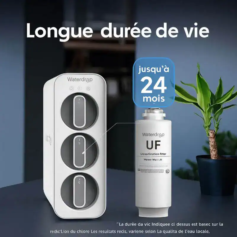 Waterdrop UF système de filtration d'eau à longue durée de vie jusqu'à 24 mois, idéal pour l'eau de famille et de bureau, efficace contre les impuretés et améliorant la qualité de l'eau potable.