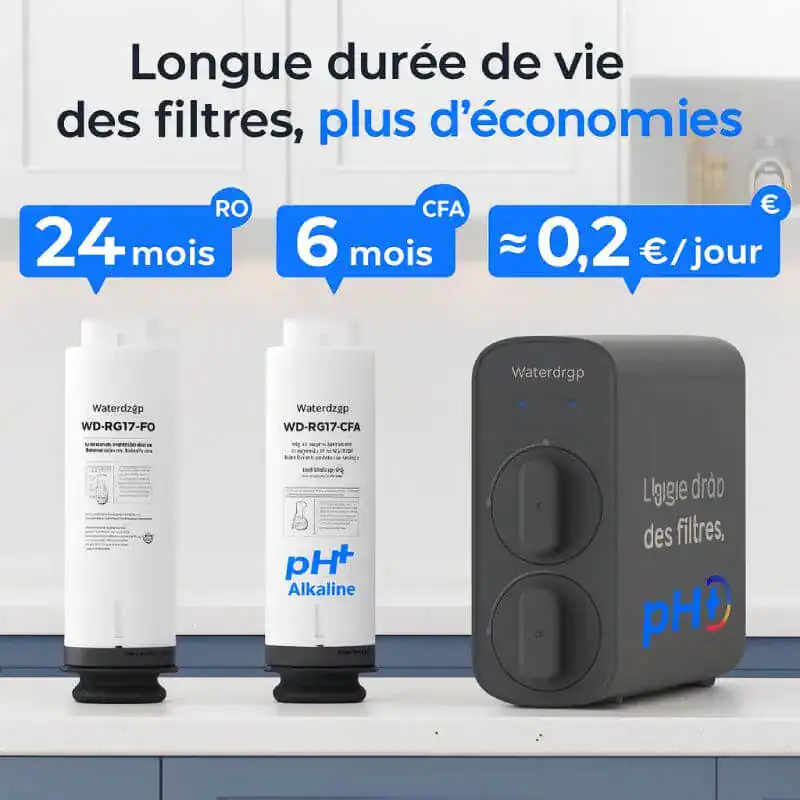 Filtre de liquide de longue durée, économie et performance pour votre adoucisseur d'eau, jusqu'à 24 mois d'utilisation, compatible avec protéction environnementale.