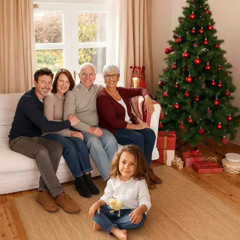 famille-noel-maison-heureux - Boutique Diproclean Nettoyage de Noël en famille dans un salon décoré avec un sapin de Noël, mettant en avant les services de nettoyage professionnels de Diproclean.