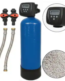 Purificateur d'eau avec réservoir bleu, contrôleur numérique et accessoires de filtration pour systèmes de traitement de l'eau domestique.