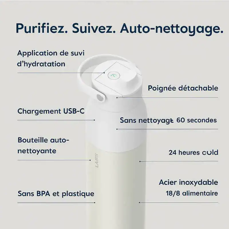 Purificateur d'eau portable avec batterie rechargeable, sans BPA ni plastique, charge USB-C, filtration automatique en 60 secondes, corps en acier inoxydable 18/8, autonomie de 24h, idéal pour une hydratation saine.