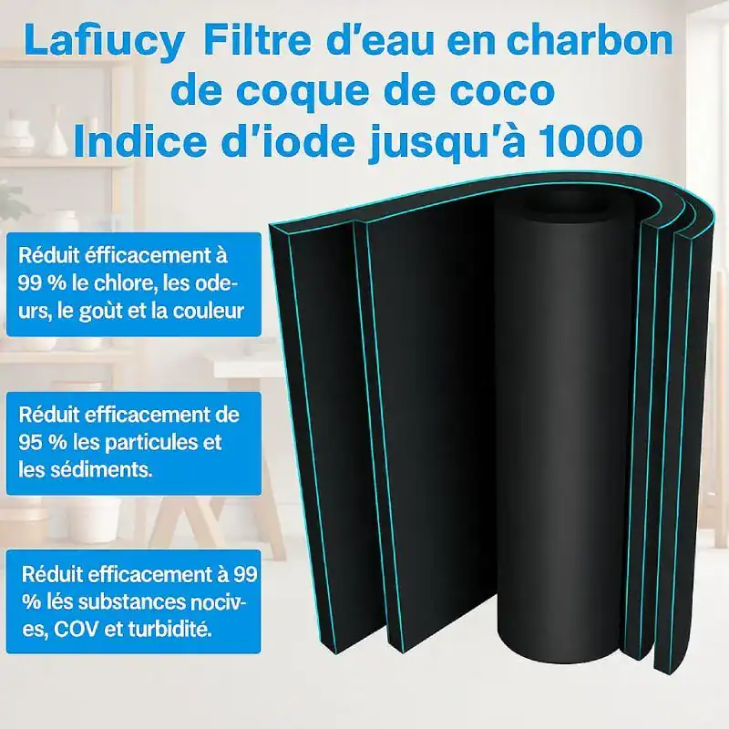 Filtre à eau en charbon de coco LafiCup, purificateur d'eau avec indice d'iode jusqu'à 1000, filtration efficace contre le chlore, odeurs, goûts, particules, sédiments, substances nocives, COV et turbidité.
