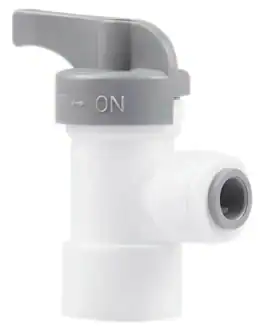 Robinet d'arrêt en plastique blanc avec levier gris, idéal pour systèmes de plomberie et équipements sanitaires. Facile à manipuler, il assure sécurité et efficacité en installation.