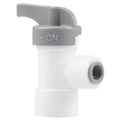 Robinet d'arrêt sanitaire. - Boutique Diproclean Robinet d'arrêt en plastique blanc avec levier gris, idéal pour systèmes de plomberie et équipements sanitaires. Facile à manipuler, il assure sécurité et efficacité en installation.