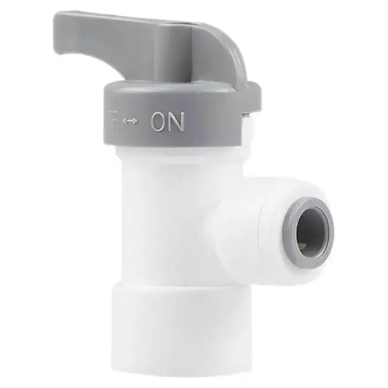 Robinet d'arrêt sanitaire. - Boutique Diproclean Robinet d'arrêt en plastique blanc avec levier gris, idéal pour systèmes de plomberie et équipements sanitaires. Facile à manipuler, il assure sécurité et efficacité en installation.