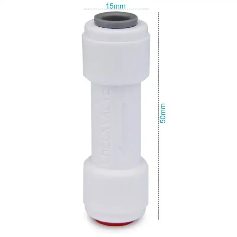 raccords-anti-retour-dimensions - Boutique Diproclean Ensemble de filtres à eau pour adoucisseur, filtre de rinçage, pièce détachée, compatible avec systèmes de traitement d'eau. Dimension : 15mm x 50mm, facile à installer et à remplacer.