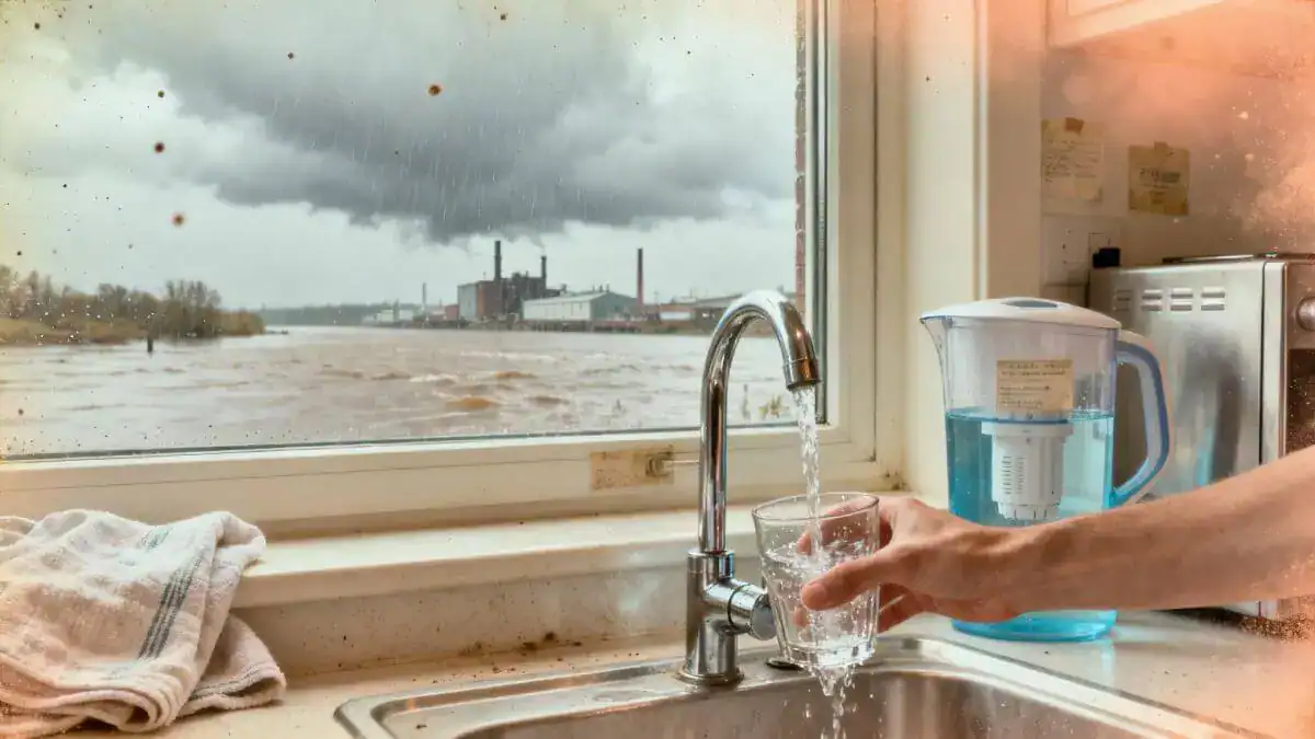 robinet-usine-eau - Boutique Diproclean Eau de pluie déversée à travers une fenêtre sale, avec éclaboussures avec un éclairage d'intérieur.