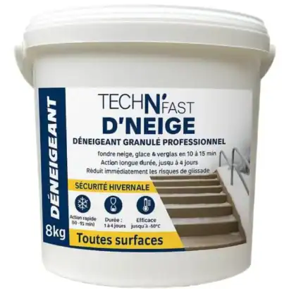 Dépoussiérant granule professionnel pour déneigement, sûr pour toutes surfaces, action rapide et efficace jusqu'à -50°C, 8kg, idéal pour sécurité hivernale et déneigement en extérieur.