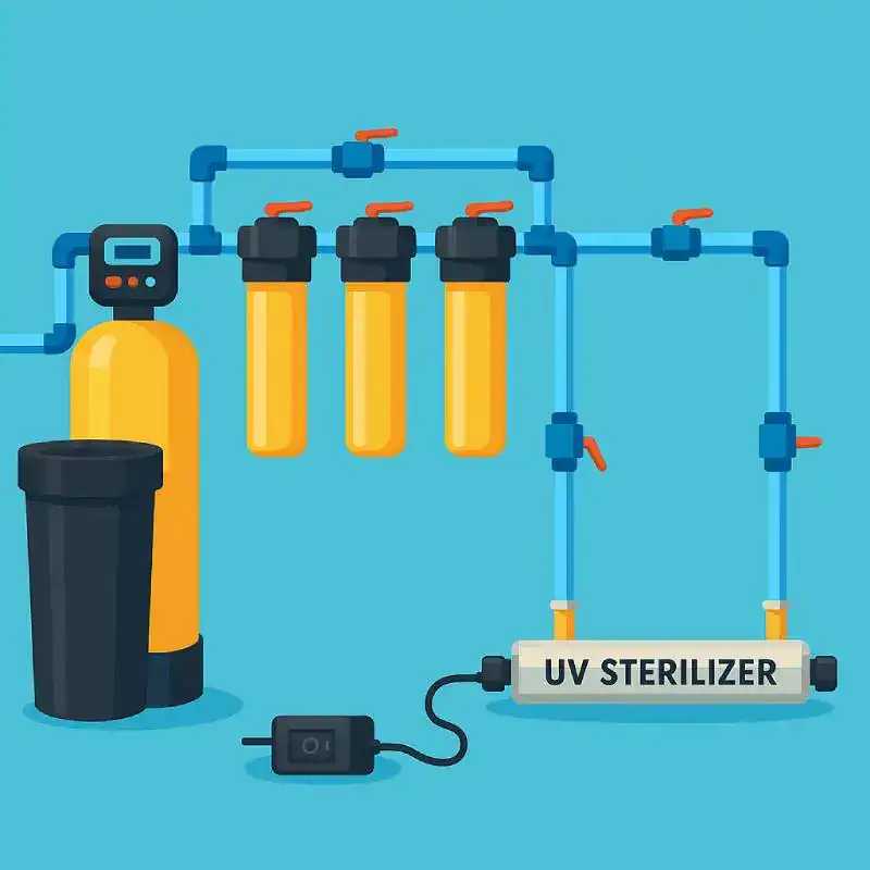 station-filtration-UV - Boutique Diproclean Filtre de purification d’eau pour systèmes de désinfection UV, filtre à charbon et stérilisateur UV pour hygiène optimale. Solutions de traitement d’eau professionnel pour commerce et industrie.