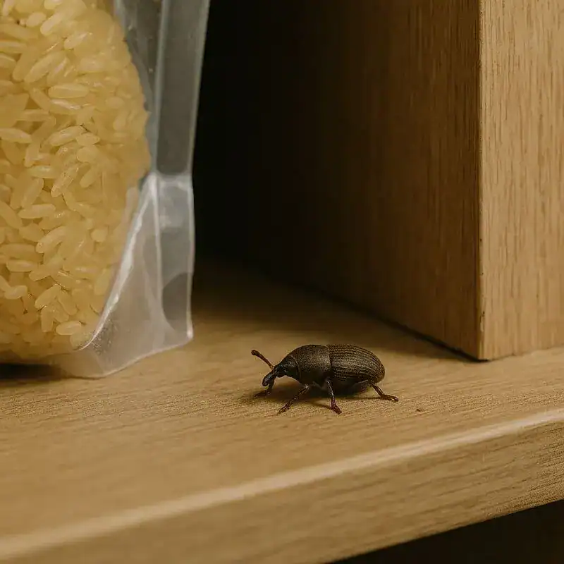 Désinsectisation efficace. - Boutique Diproclean Image d'une piqûre de ravageur sur un plancher en bois, avec un sac de riz à proximité, illustrant la lutte contre les insectes nuisibles en cuisine.