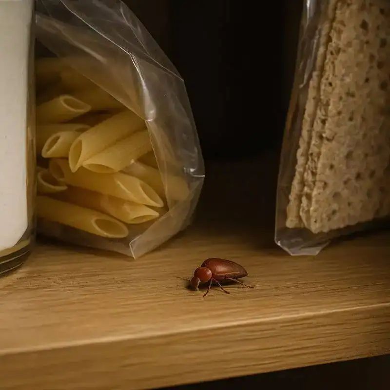 Puce de cuisine sous cellophane alimentaire pâtes et gâteau. - Boutique Diproclean Puce de cuisine sur un plan de travail en bois à côté de pâtes, gâteau et autres produits alimentaires, illustrant la prévention et la gestion des nuisibles en cuisine.