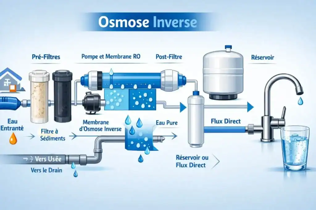 Filtre à sédiments, membrane d'osmose inverse, pré-filtre, post-filtre, réservoir, flux direct, purification d'eau.