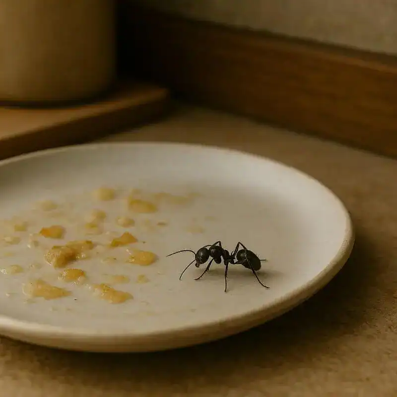 Fourmis sur assiette de nourriture, propreté et contrôle des insectes, service de désinsectisation efficace. - Boutique Diproclean Fourmis qui grignotent sur une assiette, solution de lutte antiparasitaire, propreté parfaite, hygiene, traitement anti-insectes.