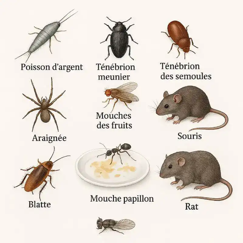 Poissons nuisibles. - Boutique Diproclean Poisson d'argent, ténébron meunier, ténébron des semoules, araignée, mouche des fruits, souris, mouche papillon, rat, blatte, mouche.