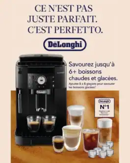 Machine à café Delonghi pour boissons chaudes et glacées, compacte et facile d'utilisation, idéale pour préparer plus de 6 boissons à la maison ou au bureau.