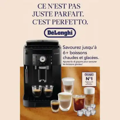 Machine à café Delonghi pour boissons chaudes et glacées, compacte et facile d'utilisation, idéale pour préparer plus de 6 boissons à la maison ou au bureau.