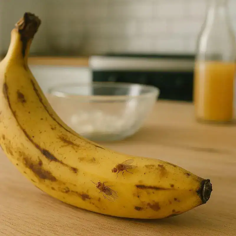 Banane avec insectes. - Boutique Diproclean Insectes sur banane mûre, prévention des infestations alimentaires, nettoyage écologique, produits efficaces pour éliminer les nuisibles, Boutique Diproclean.