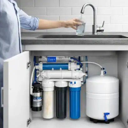 Système de filtration d'eau sous évier pour maison, composé de plusieurs filtres et purificateurs, assurant une eau propre et saine directement à la source.