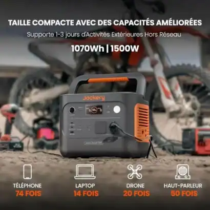 Puissant générateur portable 1070Wh, 1500W, idéal pour activités extérieures, camping et secours. Facile à transporter, supporte plusieurs appareils simultanément.