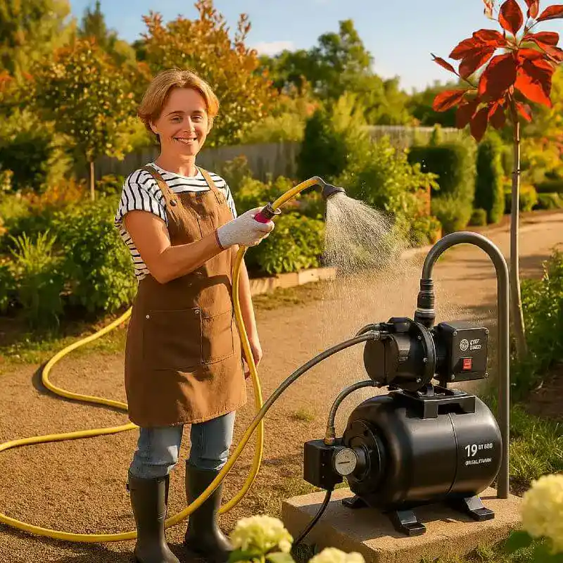 Jardinage écologique et efficace avec pompe à eau électrique. - Boutique Diproclean Alt text : Femme souriante utilisant un nettoyeur haute pression dans un jardin bien entretenu, idéale pour l'entretien extérieur, nettoyage de pelouse, terrasses, allées, et jardins avec des produits professionnels.