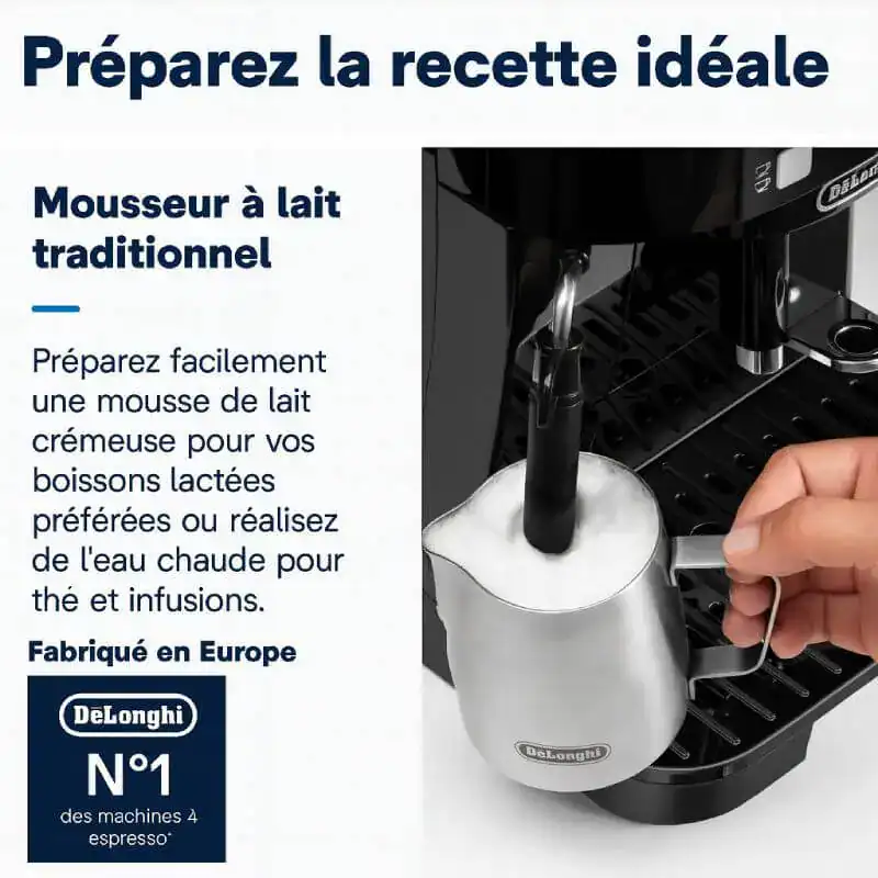 Mousseur à lait traditionnel pour boissons lactées, facile à préparer, idéal pour thé, cafés et infusions, fabriqué en Europe, marque DeLonghi, référence n°1 en machines espresso.