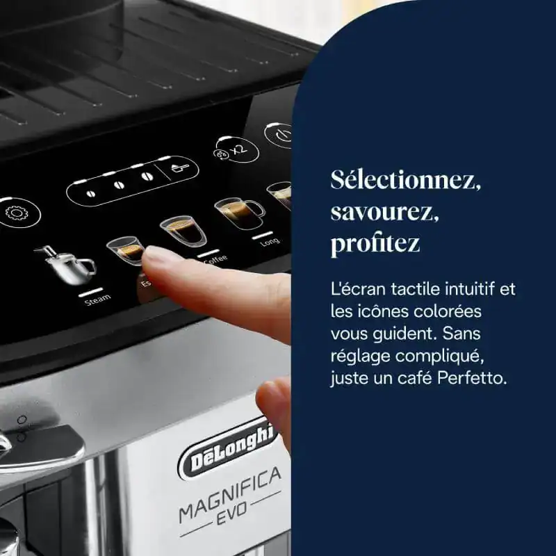 Écran tactile avec icônes colorées pour une utilisation facile et rapide de votre machine à café Delonghi Magnifica EVO. Simple, efficace, pour un café parfait en un clic.