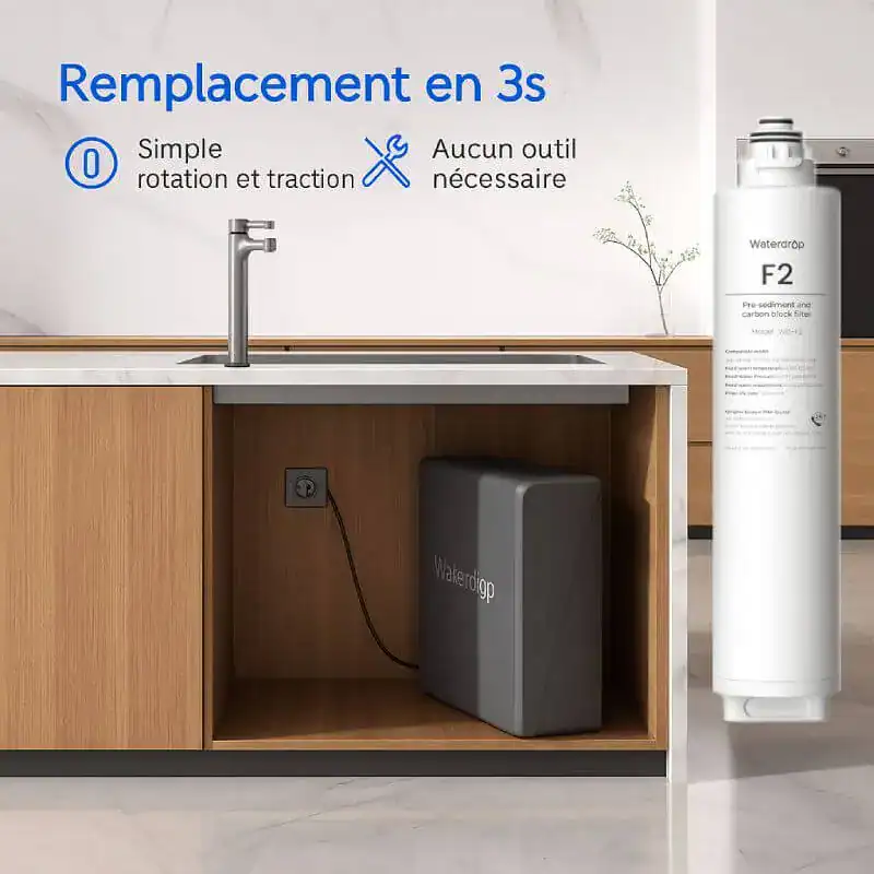 Filtre Waterdrop F2 pour robinet, filtration efficace de l'eau, facile à installer sans outil, ameliore le goût, élimine les impuretés, idéal pour la maison ou le bureau.