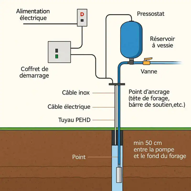 Installation Pompe à Forage. - Boutique Diproclean Pompe à forage avec réservoir et alimentation électrique pour une installation optimale. Idéal pour le nettoyage et l'entretien des systèmes de plomberie ou de filtration.