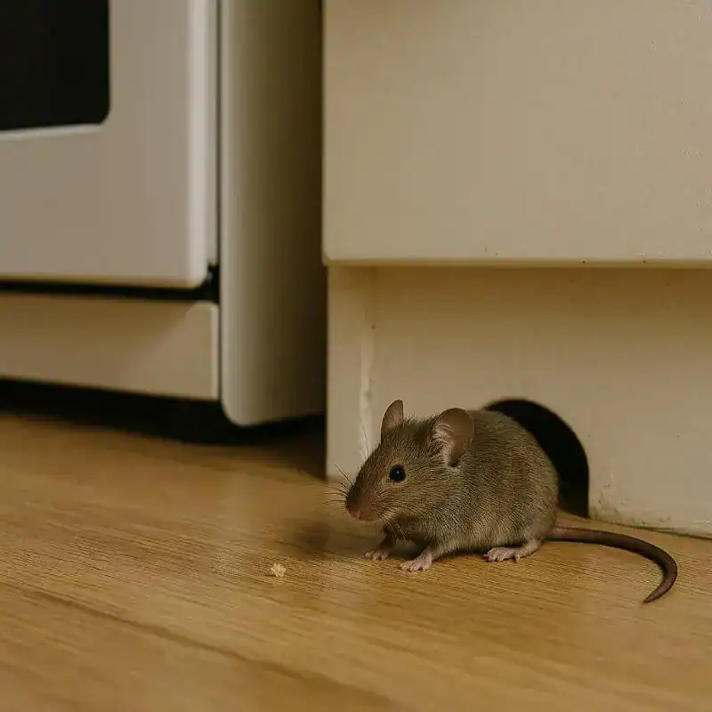 Raton de compagnie près des meubles. - Boutique Diproclean Raton domestique entrant dans une cachette sous un meuble de cuisine, preuve d'hygiène pour votre maison avec Diproclean.