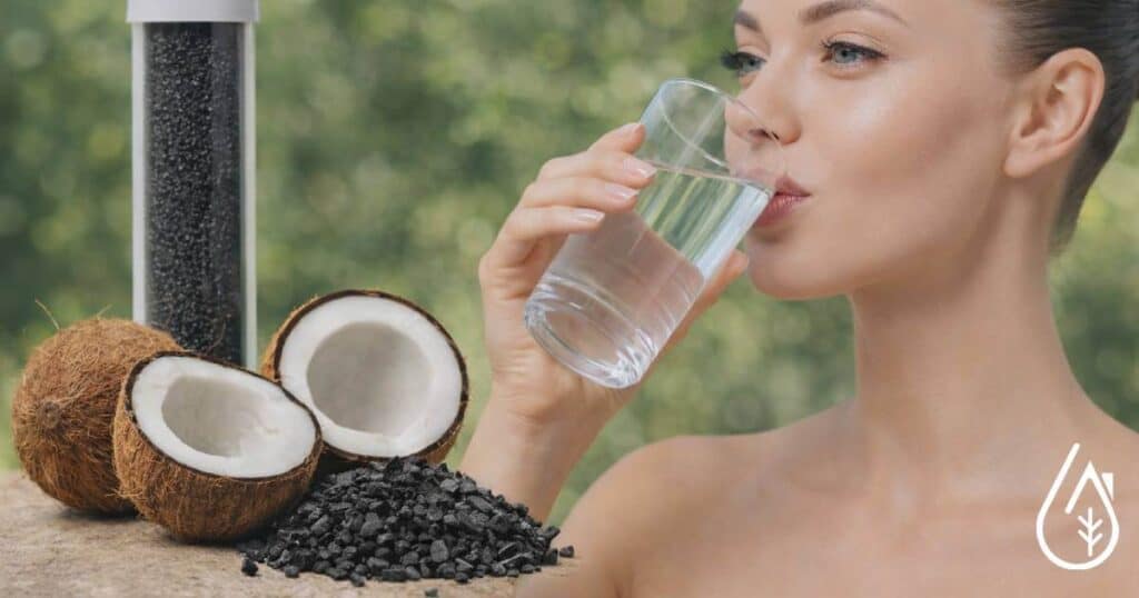 Femme buvant de l'eau avec du charbon actif à côté, illustrant ses propriétés purifiantes et ses avantages pour la santé.
