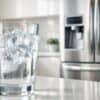Verre d'eau fraîche avec glaçons devant un réfrigérateur moderne, illustrant l'importance de changer le filtre pour une eau plus saine.