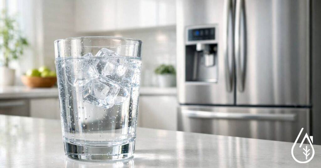 Verre d'eau fraîche avec glaçons devant un réfrigérateur moderne, illustrant l'importance de changer le filtre pour une eau plus saine.
