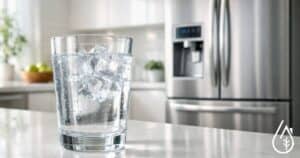 Verre d'eau fraîche avec glaçons devant un réfrigérateur moderne, illustrant l'importance de changer le filtre pour une eau plus saine.