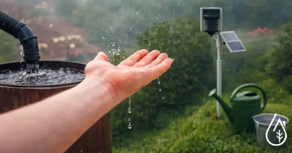 Gouttes d'eau de pluie tombant dans la main, avec un système de récupération d'eau de pluie en arrière-plan, illustrant l'utilisation durable de l'eau.