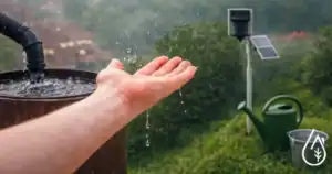 Gouttes d'eau de pluie tombant dans la main, avec un système de récupération d'eau de pluie en arrière-plan, illustrant l'utilisation durable de l'eau.