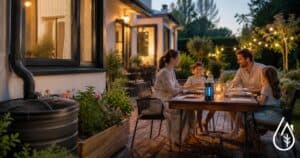 Famille profitant d'un dîner en plein air sur une terrasse éclairée par des guirlandes lumineuses, dans un environnement convivial et chaleureux.