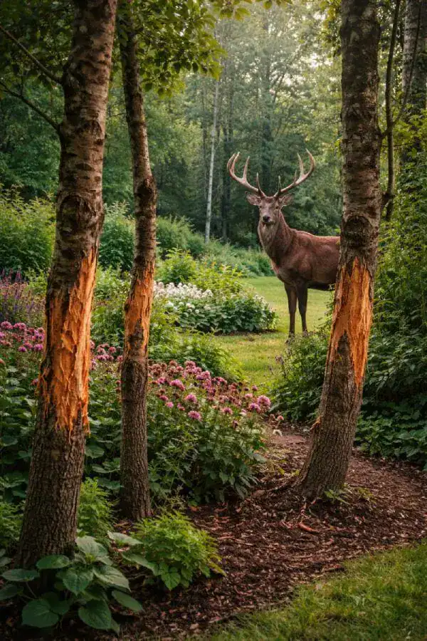 Forêt avec cerf majestueux au centre. - Boutique Diproclean Image d'une forêt dense avec un cerf majestueux regardant vers l'objectif, entouré de plantes vertes et de fleurs colorées, créant une ambiance sauvage et paisible.