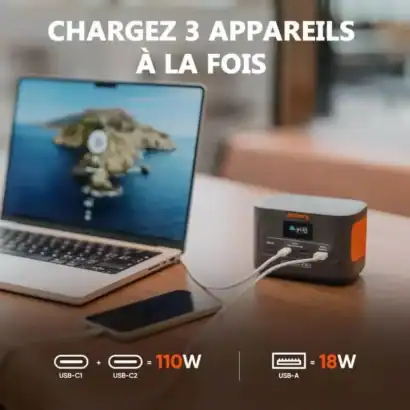 Charge 3 appareils simultanément - chargeur rapide USB-C et USB-A, haute performance, adaptateur portable, solution pratique pour tous vos appareils électroniques, idéal pour le bureau ou la maison. - Boutique Diproclean Alt text : Chargeur portable DJOrder avec affichage numérique, connectant un ordinateur portable et un smartphone, idéale pour charger plusieurs appareils en même temps.