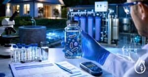 Technicien en laboratoire manipulant un bocal avec des bactéries dans un environnement de recherche scientifique, équipement de laboratoire et instruments de précision visibles, illustrant les service.