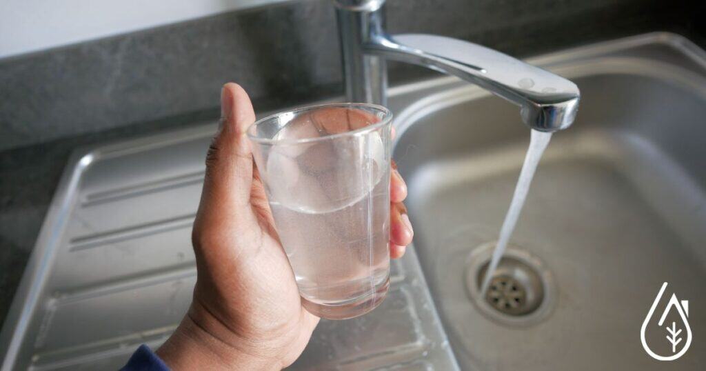 Verre d'eau sous l'eau courante dans l'évier de cuisine. Hydratation, nettoyage, consommation d'eau fraîche. Solution nettoyage ou usage quotidien.