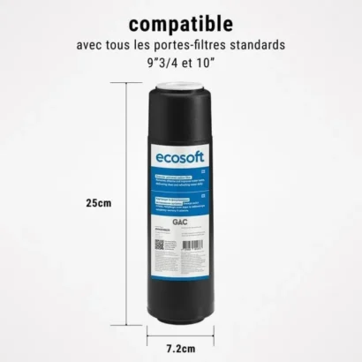 Dimensions de la cartouche charbon granulés Ecosoft 9 3/4 pouces.