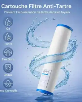 Tartre pour adoucissement de l'eau, avec polyphosphate et charbon actif, 20 pouces, 115x507 mm, idéal pour prévenir l'accumulation de tartre dans les tuyaux.