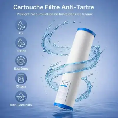 Filtre Cartouche Anti-Tartre Polyphosphate Charbon 20" - Boutique Diproclean Tartre pour adoucissement de l'eau, avec polyphosphate et charbon actif, 20 pouces, 115x507 mm, idéal pour prévenir l'accumulation de tartre dans les tuyaux.
