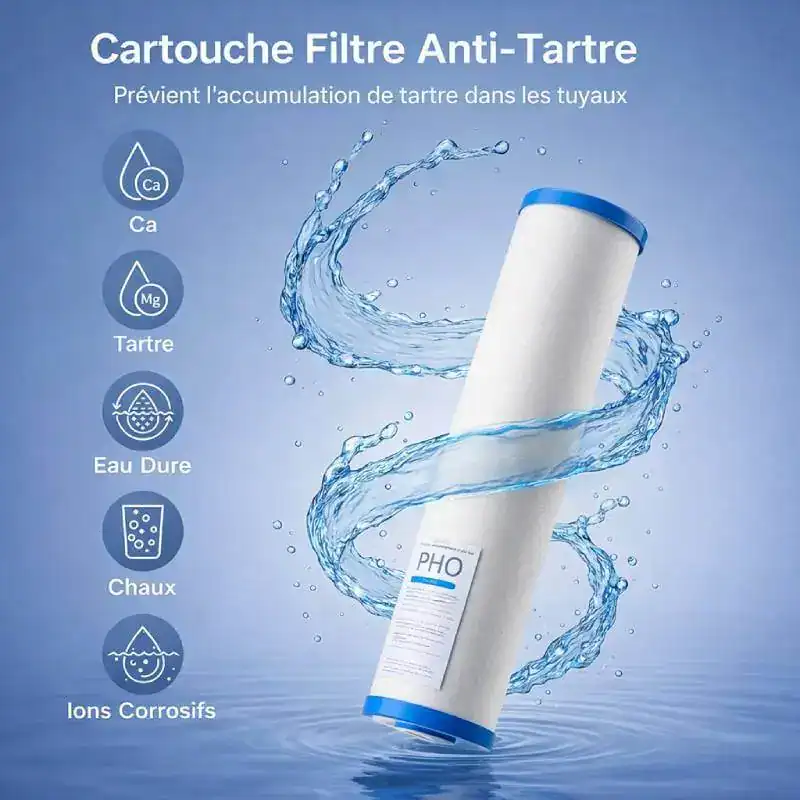 Filtre Cartouche Anti-Tartre Polyphosphate Charbon 20" - Boutique Diproclean Tartre pour adoucissement de l'eau, avec polyphosphate et charbon actif, 20 pouces, 115x507 mm, idéal pour prévenir l'accumulation de tartre dans les tuyaux.