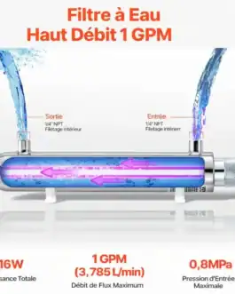 Filtre à Eau Haute Débit 1 GPM - Boutique Diproclean Filtre à eau UV 12W pour eau potable, stérilisateur inox 1/4".