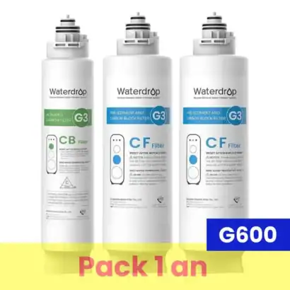 Ensemble de filtres Waterdrop G3P600 pour osmose inverse, comprenant filtres pré-sédiment et charbon, idéal pour une eau pure et saine.