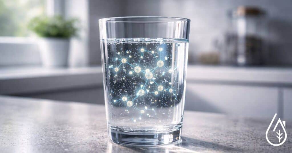 Verre d'eau clair contenant des nanoparticules, illustrant la technologie de purification de l'eau proposée par Diproclean.